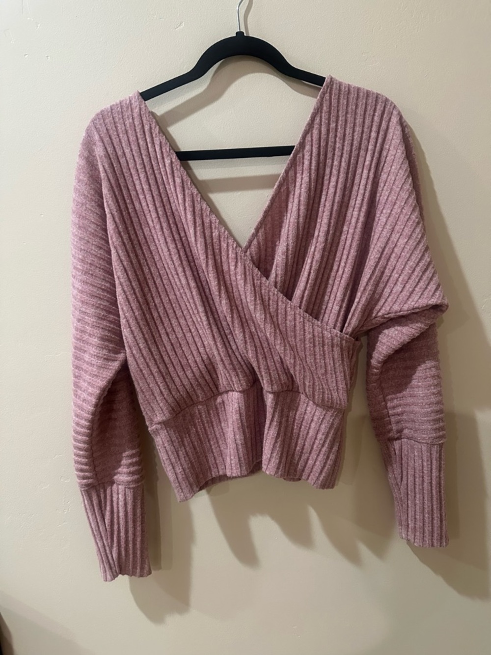 Express Dusty Rose Ribbed Wrap V-Neck Sweater